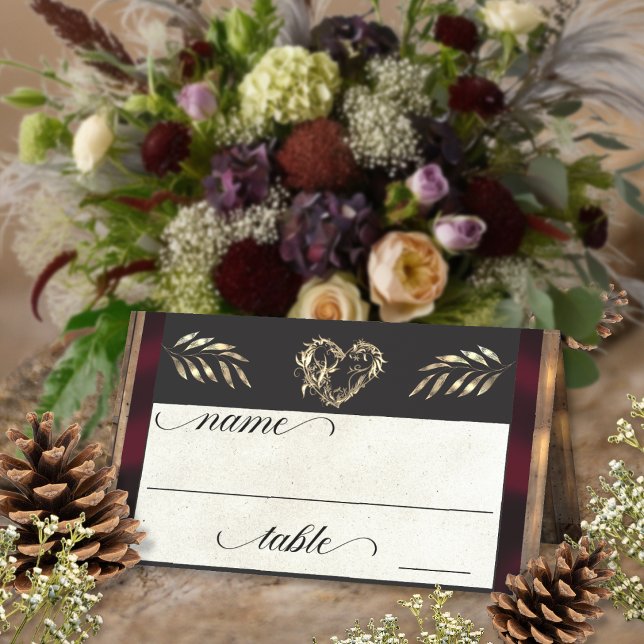 Carte De Placement Cœur rustique & monogramme - prune (Créateur téléchargé)