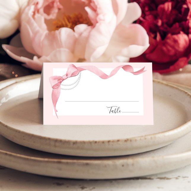Carte De Placement Coquette Rose et Perles Mariage Moderne Shower (Cute coquette pink and white watercolor bow and pearls elegant wedding bridal shower place card)