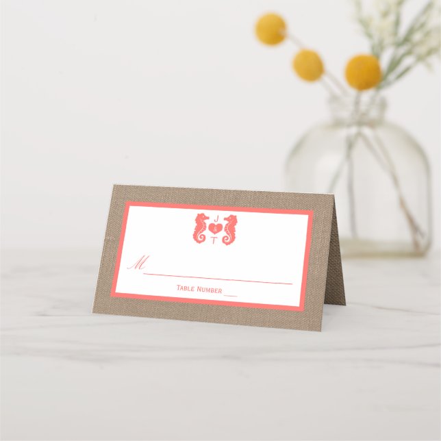 Carte De Placement Coral Seahorse Burlap Beach Wedding Collection (Devant)