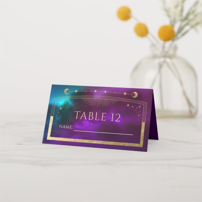 Carte De Placement Cosmic violet Turquoise or Sun Moon étoiles Mariag (Devant)