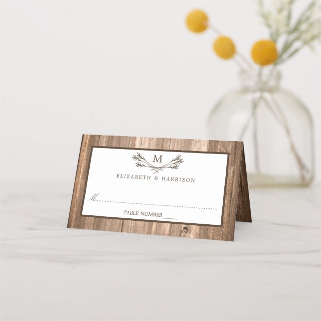 Carte De Placement Country Rustic Monogram Branche & Mariage bois (Devant)