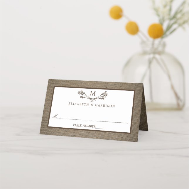 Carte De Placement Country Rustic Monogramme Branche & Mariage Burlap (Devant)