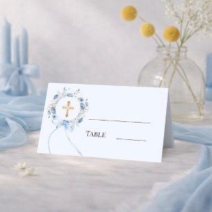 Carte De Placement Couronne florale bleue avec noeud croix dorée pour