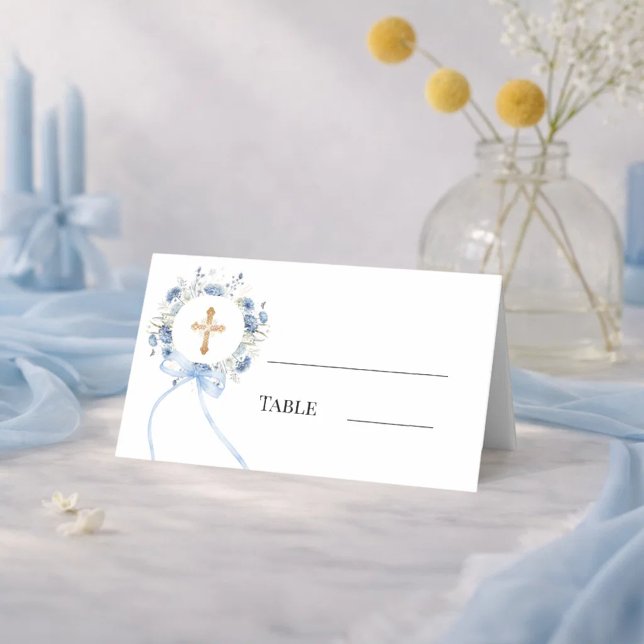 Carte De Placement Couronne florale bleue croix dorée baptême garçon (Créateur téléchargé)