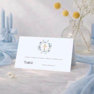Carte De Placement Couronne florale bleue croix dorée baptême garçon