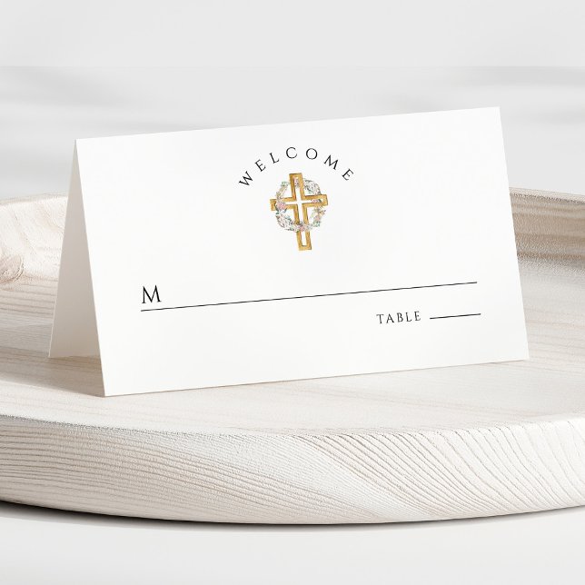 Carte De Placement Couronne florale de première communion (Front - Floral Wreath Cross First Communion Place Card)