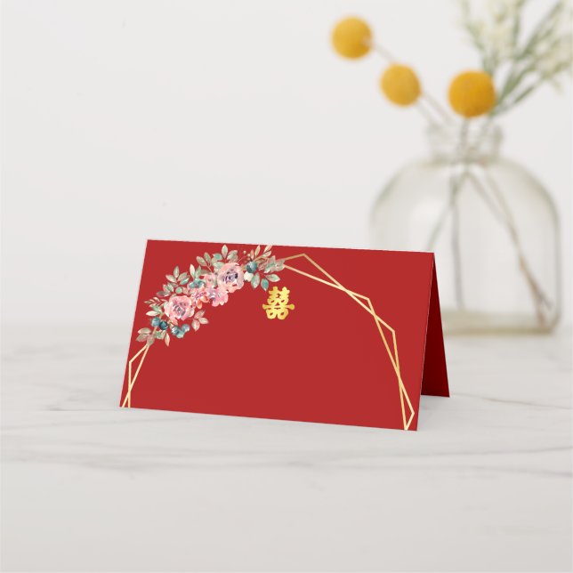 Carte De Placement Couronne florale géométrique en or rouge mariage c (Devant)