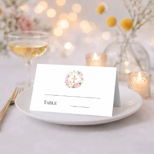 Carte De Placement Couronne florale rose croix dorée baptême