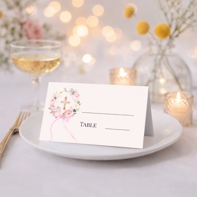 Carte De Placement Couronne florale rose ruban à nœud doré (Créateur téléchargé)