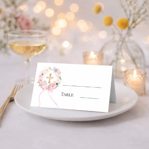 Carte De Placement Couronne florale rose ruban à nœud doré croix
