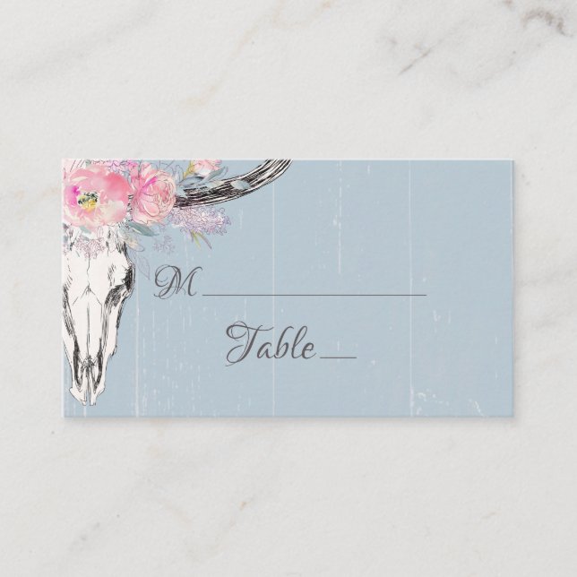 Carte De Placement Crâne de vache rustique Boho Aquarelle bleu floral (Devant)