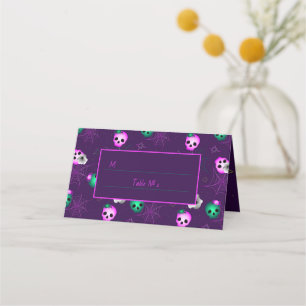 Carte De Placement Crânes Néon Rose et Vert Lumineux pour Halloween