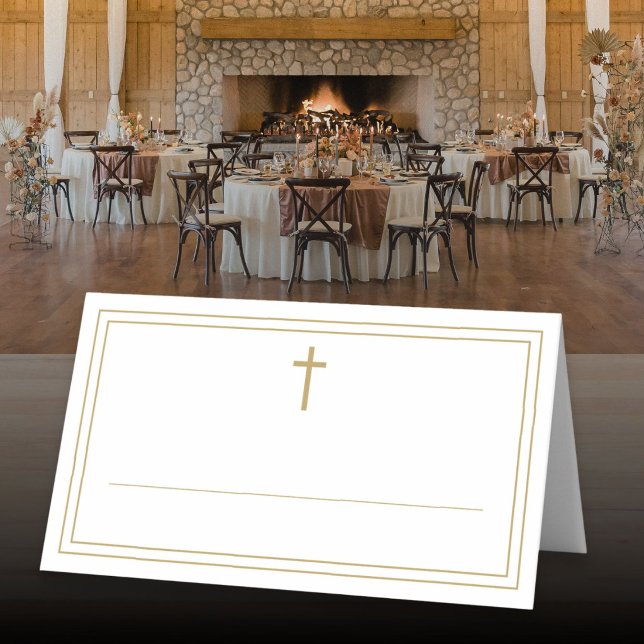 Carte De Placement Croix de bordure dorée Baptême Confirmation Commun (Gold Border Cross Baptism Confirmation Communion Place Card)