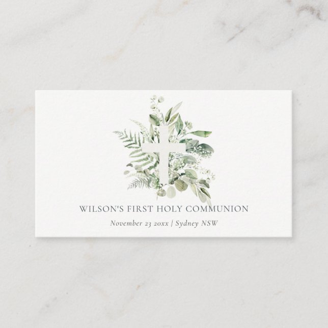 Carte De Placement Croix du feuillage Eucalyptus Première communion s (Devant)