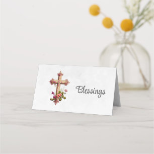 Carte De Placement Croix en bois élégante aux fleurs roses
