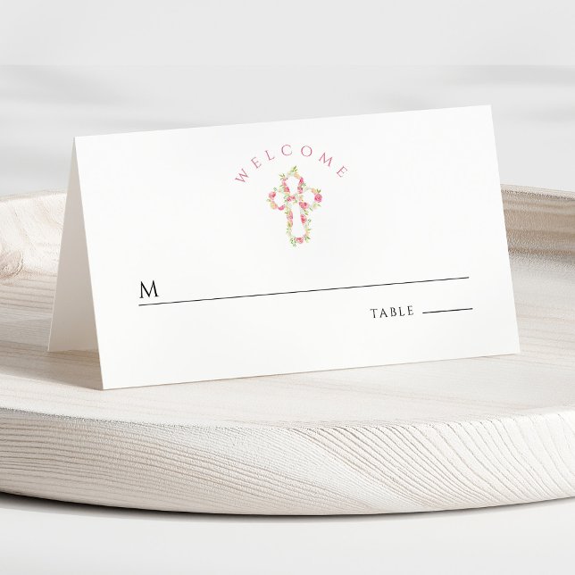 Carte De Placement Croix florale rose Première communion  (Front - Pink Floral Cross First Communion Place Card)