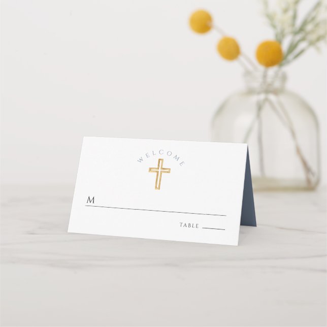 Carte De Placement Croix Religieuse Baptême Garçon Bleu (Devant)