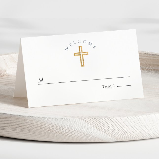 Carte De Placement Croix religieuse bleue moderne pour garçon de prem (Front - Religious Cross Blue Boy First Communion Place Card)