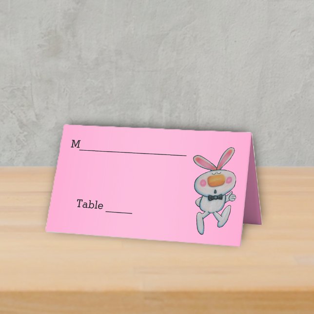 Carte De Placement Cume blanc pouce de lapin vers le haut Cravate de  (cute white bunny bow tie thumbs up sign on hot pink table standing place card.)