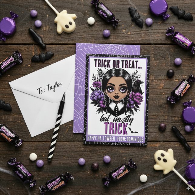 Carte De Placement Cute Black Girl Gothique Halloween Classe (Cute Brown Girl Gothic Halloween Classroom Cards )