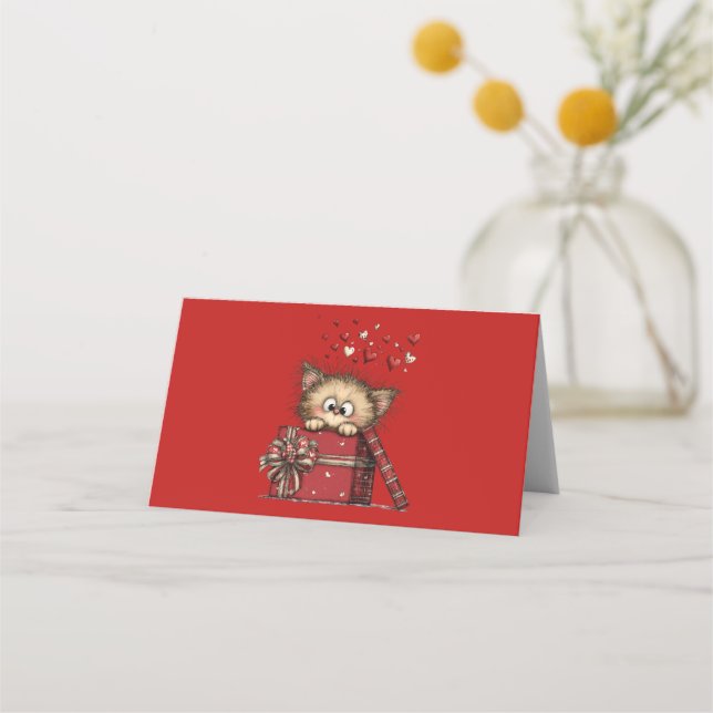 Carte De Placement Cute Cartoon Kitten with Hearts (Devant)