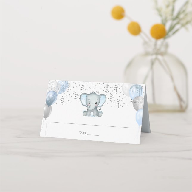 Carte De Placement Cute Elephant Boy Balloons Baby shower Nom du clie (Dos)