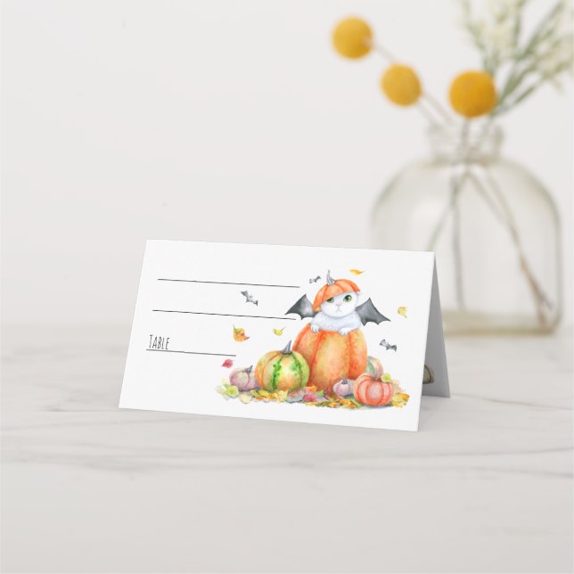 Carte De Placement Cute Halloween Chat en Citrouille (Devant)