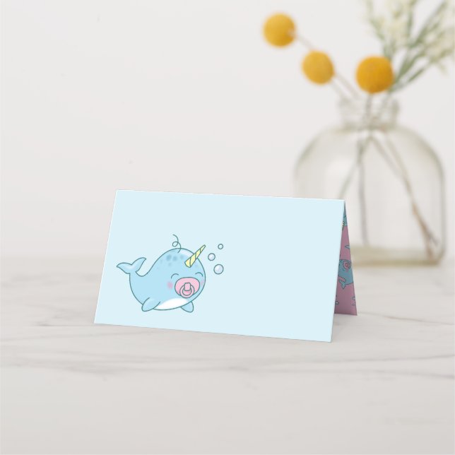Carte De Placement Cute Narwhal Baby shower Kawaii Rose Girl (Devant)