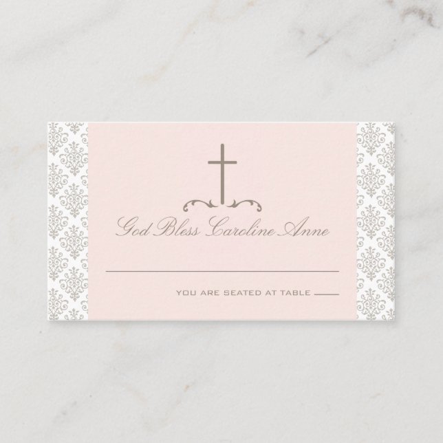 Carte De Placement Damask Rose & Crème avec Cross Seating Card (Devant)