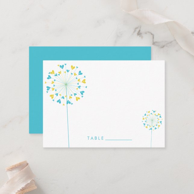 Carte De Placement Dandelion Turquoise Fleurs Amour Coeurs Mariage (Devant/Arrière en situation)