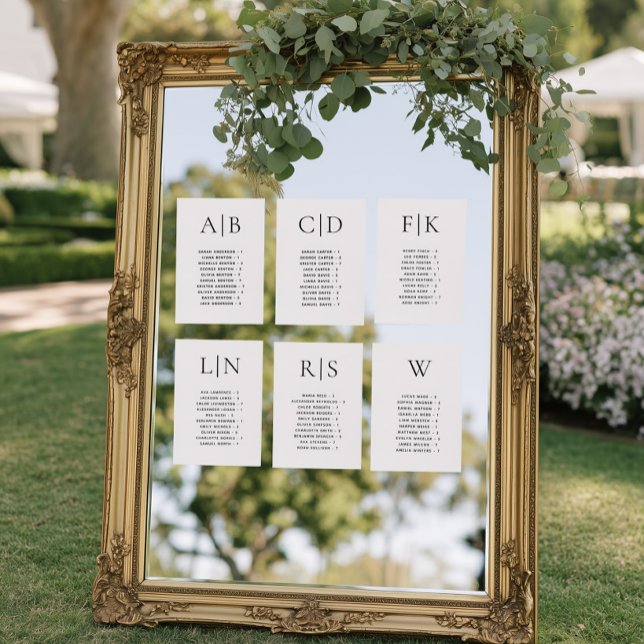 Carte de placement de mariage alphabétique calligr (Minimalist Black and White Alphabetical Seating Chart Cards )