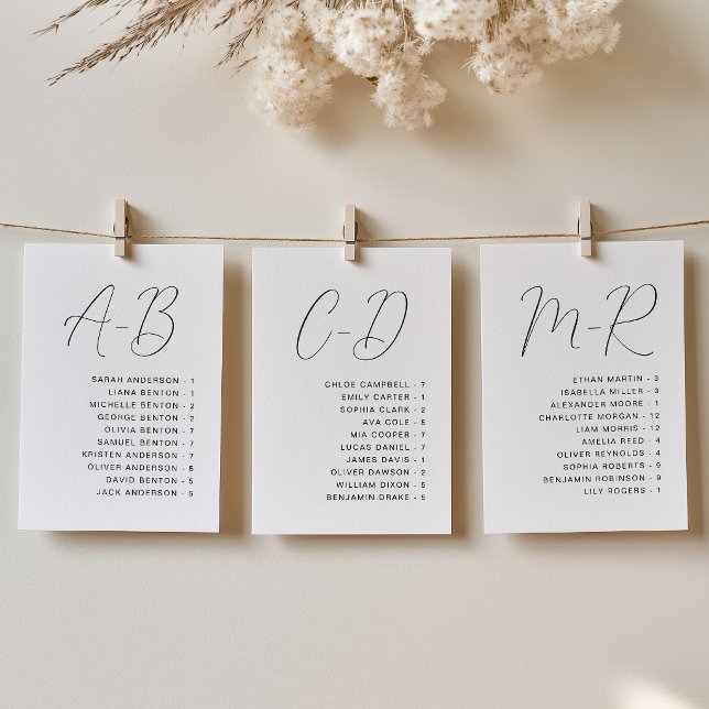 Carte de placement de mariage alphabétique en call (Elegant Calligraphy Alphabetical Wedding Seating Chart Card)