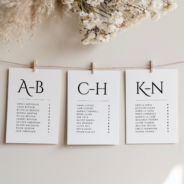 Carte de placement de mariage alphabétique individ (Minimalist Black and White Individual Cards Seating Chart)