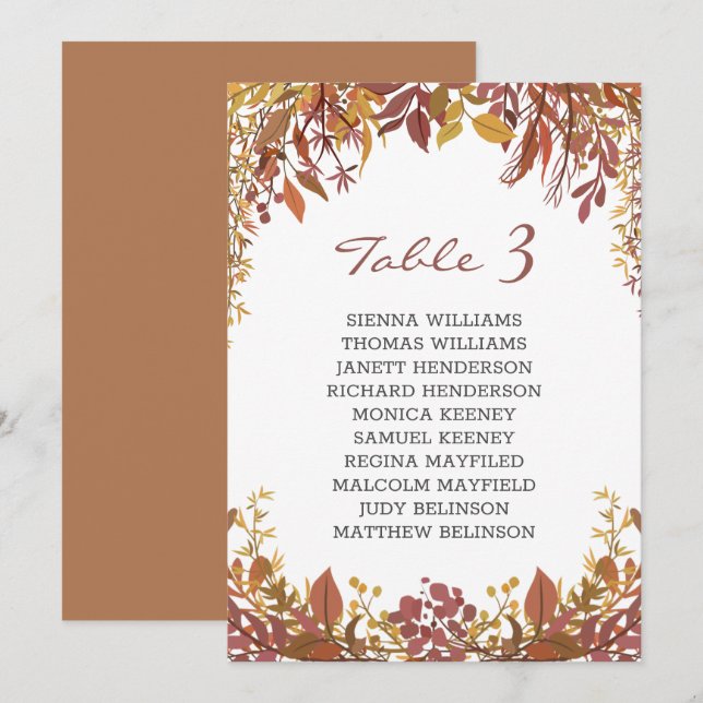 Carte de placement de mariage aux feuilles automna (Devant / Derrière)