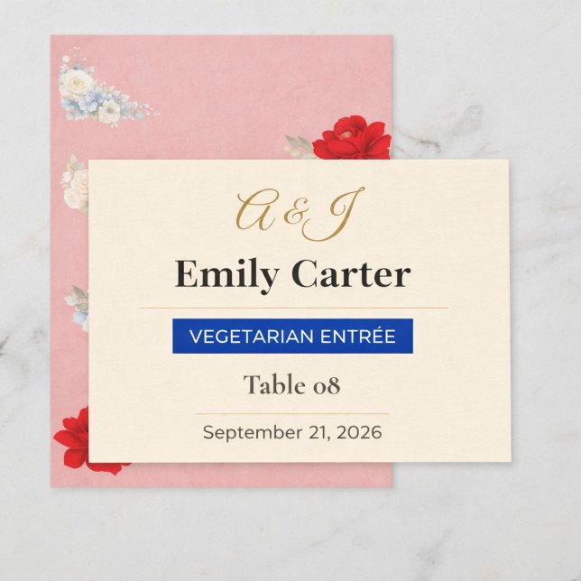 Carte de placement de mariage floral de luxe (Elegant Floral Wedding Place Card — Personalized seating design for luxury celebrations)