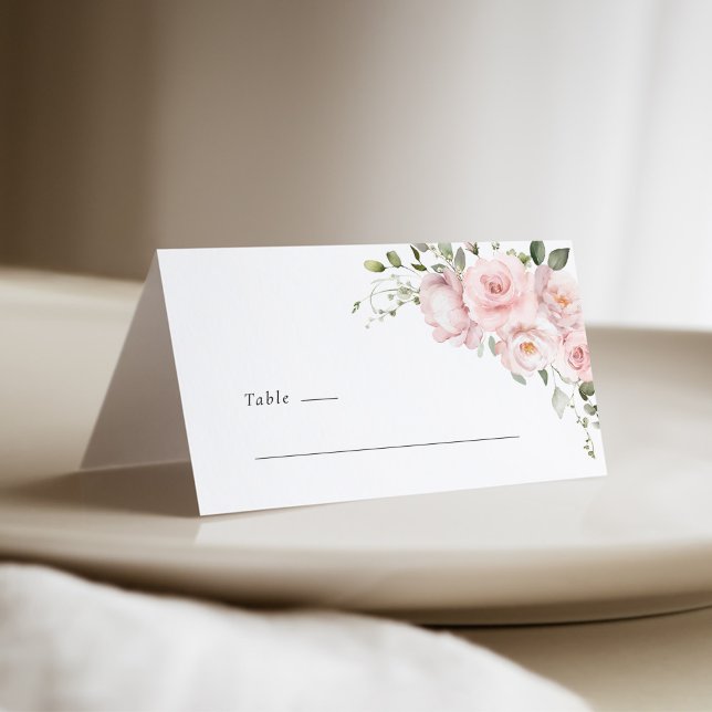 Carte de placement de mariage floral rose pastel b (Blush pink rose floral tent wedding place card with soft watercolor flowers and minimalist layout)