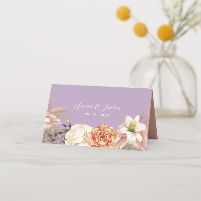 Carte de placement de mariage florale violette et  (Dos)