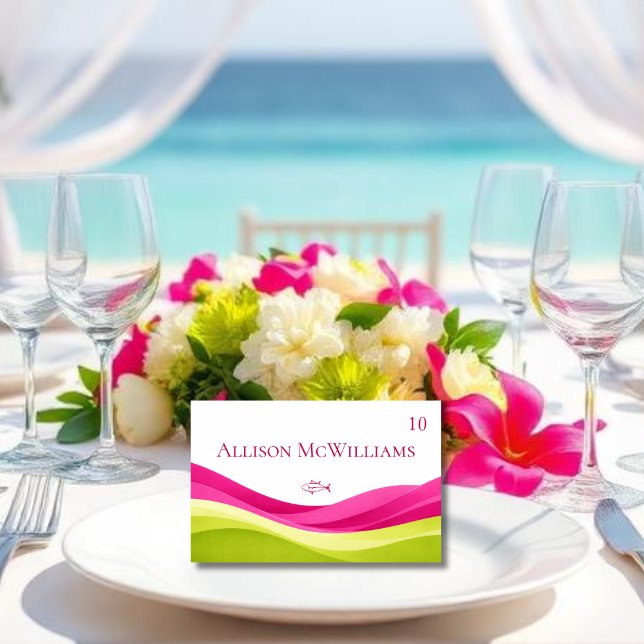 Carte de placement de mariage Fuchsia et vert citr (Fuchsia and Lime Green Wedding Place Card-Meal Icons-Fish)