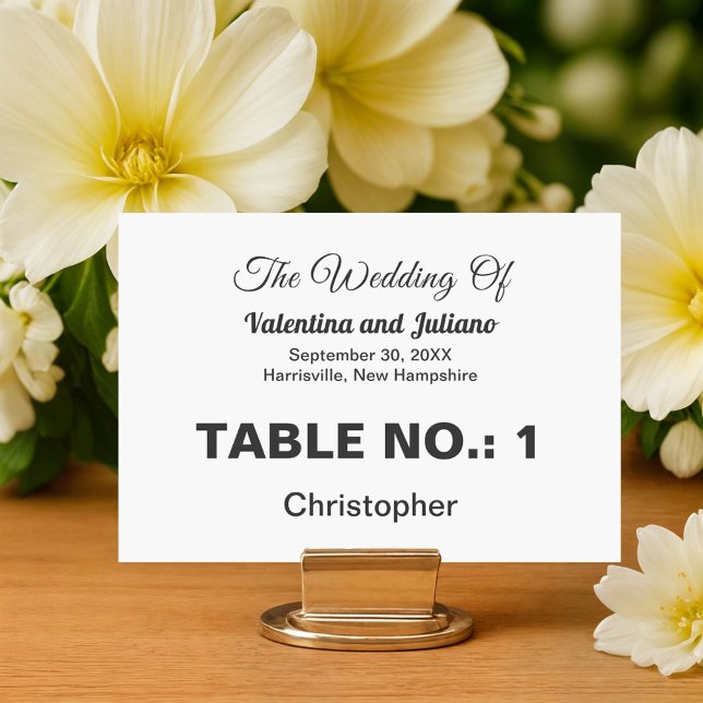Carte de placement de mariage noir et blanc (Typography style black and white wedding place card as table number)