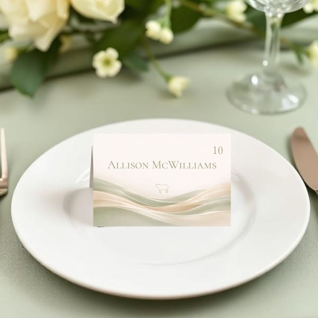 Carte de placement de mariage vert sauge et ivoire (Sage Green and Ivory Wedding Place Card-Meat Meal Icon and Table Number )