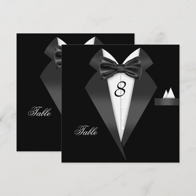 Carte de placement de numéro de table noir Tuxedo (Devant / Derrière)