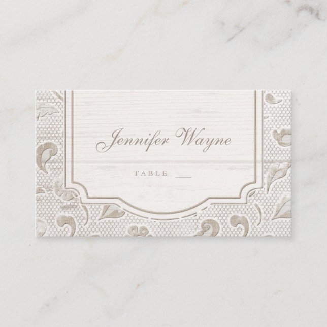 Carte De Placement Dentelle blanche bois mariage campagnard rustique  (Devant)
