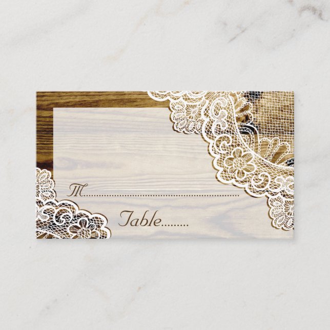 Carte De Placement Dentelle blanche rustique sur le mariage de bois c (Devant)