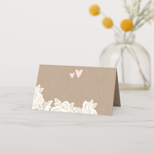 Carte De Placement Dentelle Kraft avec Coeurs roses Carte Mariage (Devant)