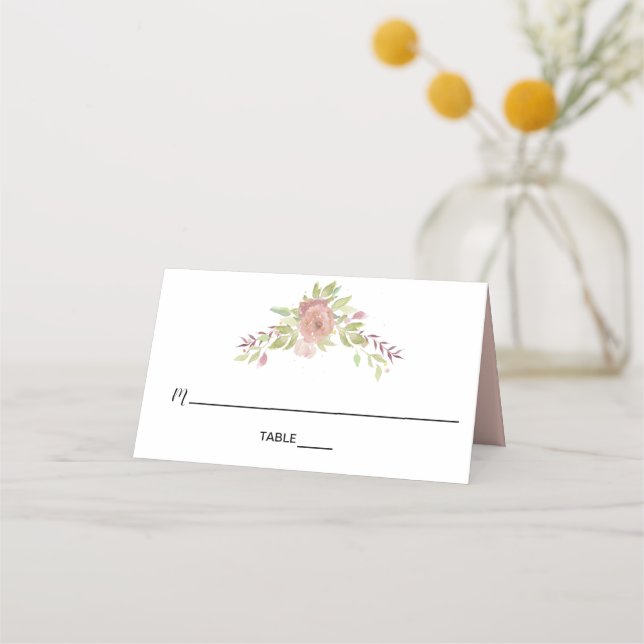 Carte De Placement des fleurs d'aquarelle rose poussiéreuses et chic (Devant)