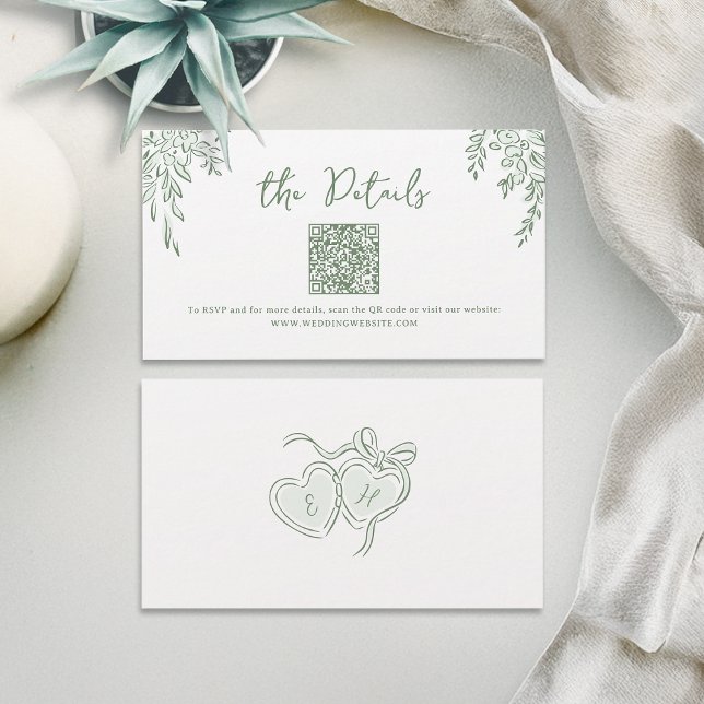Carte De Placement Détails de code QR de mariage fantaisiste dessiné  (Sage Hand Drawn Whimsical Wedding QR code Details Place Card)