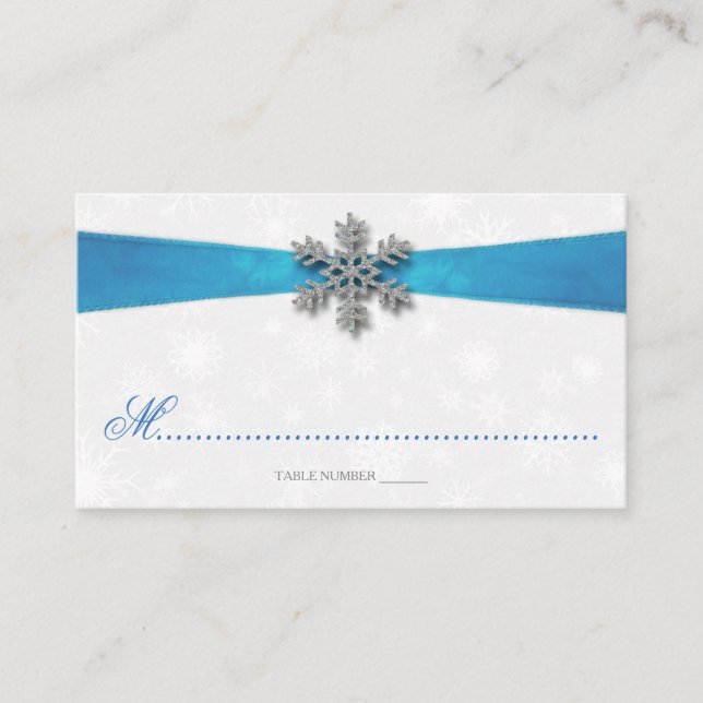 Carte De Placement Diamante Snowflake & Blue Ribbon Mariage d'hiver (Devant)