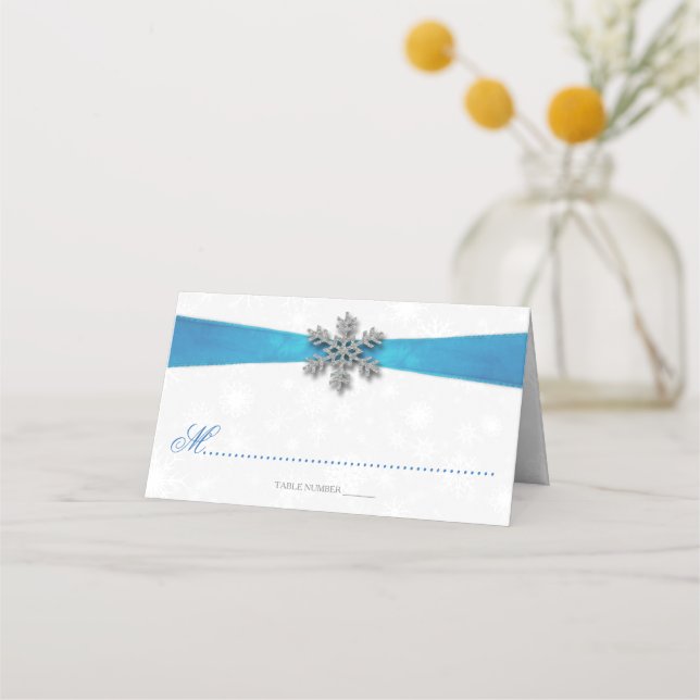 Carte De Placement Diamante Snowflake & Blue Ribbon Mariage d'hiver (Devant)