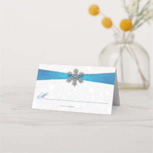 Carte De Placement Diamante Snowflake & Blue Ribbon Mariage d'hiver
