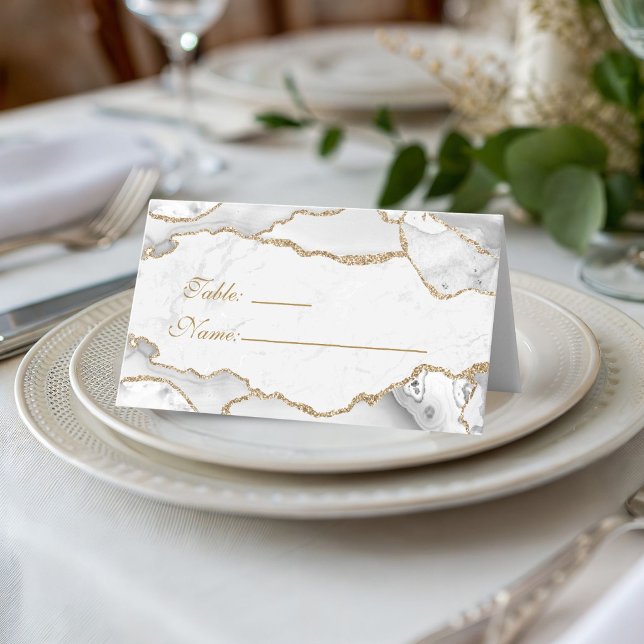 Carte De Placement Dîner d'anniversaire élégant agate blanc et or (Elegant White and Gold Birthday Dinner Place cards)